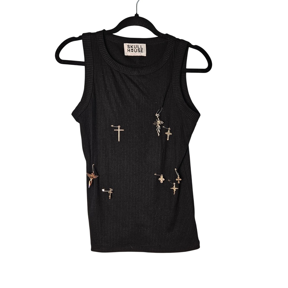 Skull‎ House Black Tank Top Devorative Safety Pins Cross Charms Womens L/XL Punk